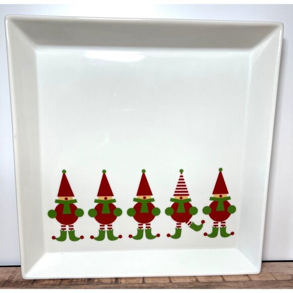 Crate & Barrel Porcelain Holiday Plate With Elf Design 12"x12" Christmas Decor - Picture 1 of 5